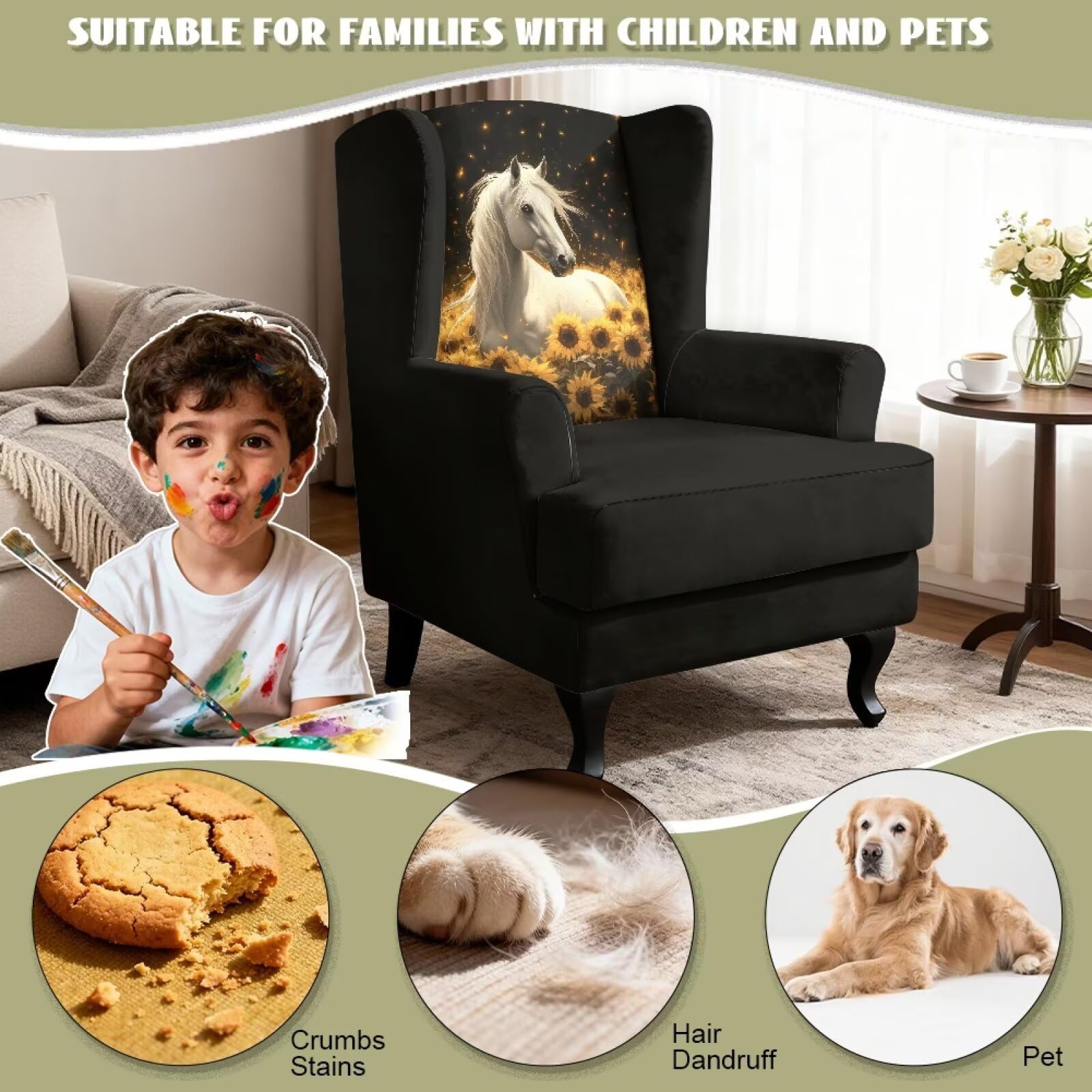 Xoenoiee Funda elástica para silla de ala con estampado de girasol y caballo, 2 piezas, fundas elásticas para sillas de respaldo alado, protector antideslizante para muebles para sala de estar