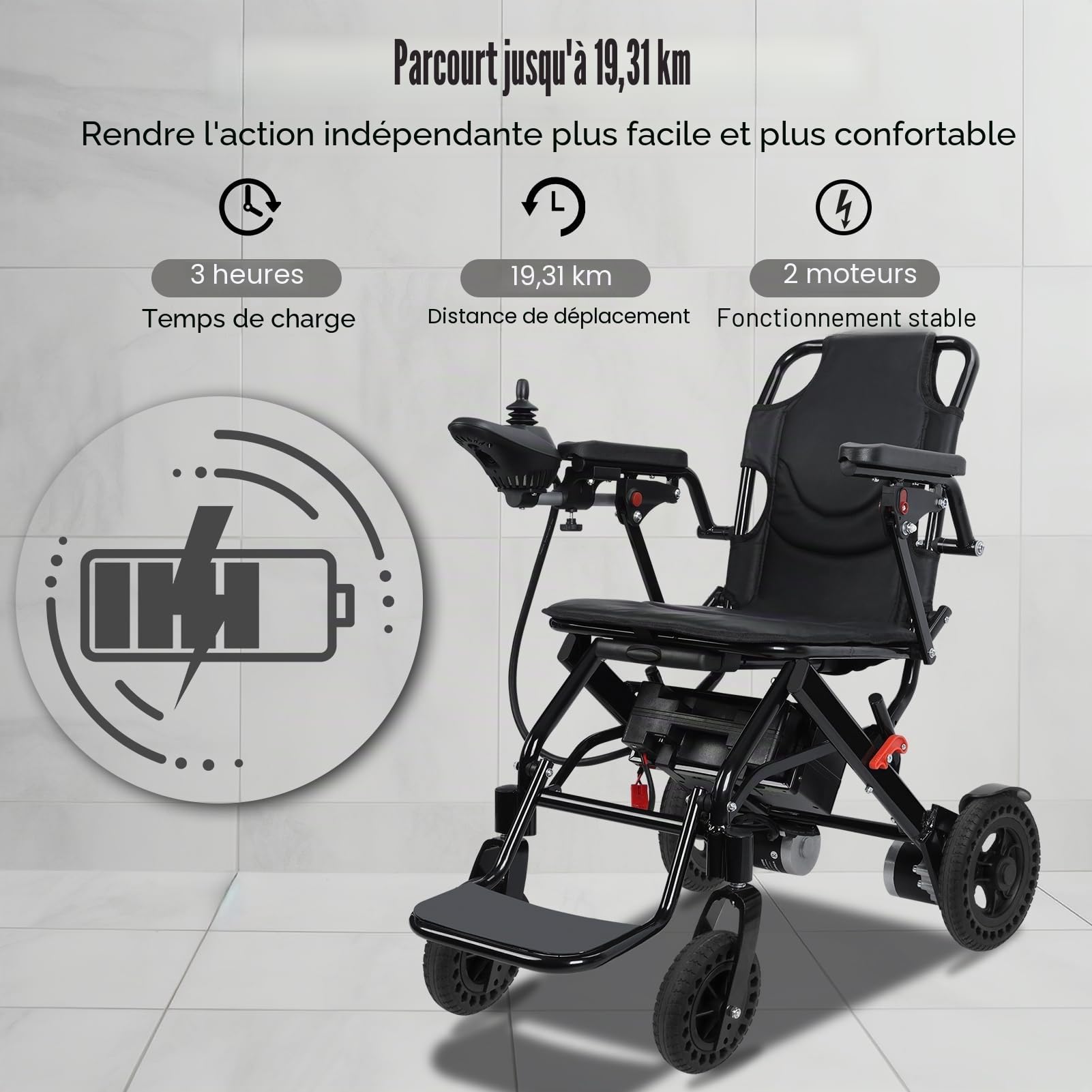 Chaire électrique pliable léger pour adultes - moteur de 500 W, scooter mobilité portable 12 milles avec conception anti-inclinaison les âgés seniors handicapés 22 kg （48,5 Noir