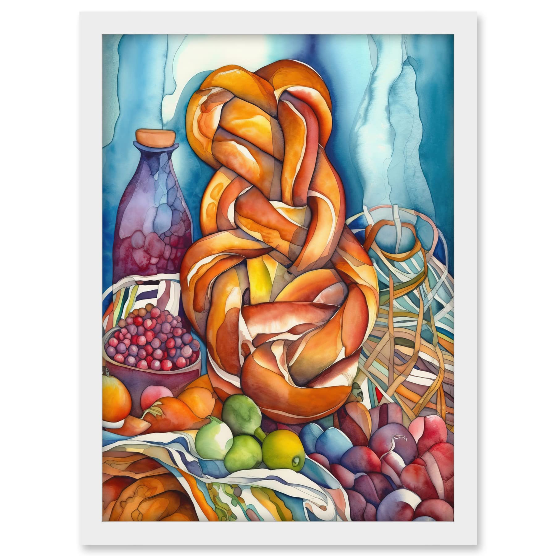 Artery8 Jewish Challah Bread And Fruit Folk Art Watercolour Painting Artwork Framed A3 Wall Art Print