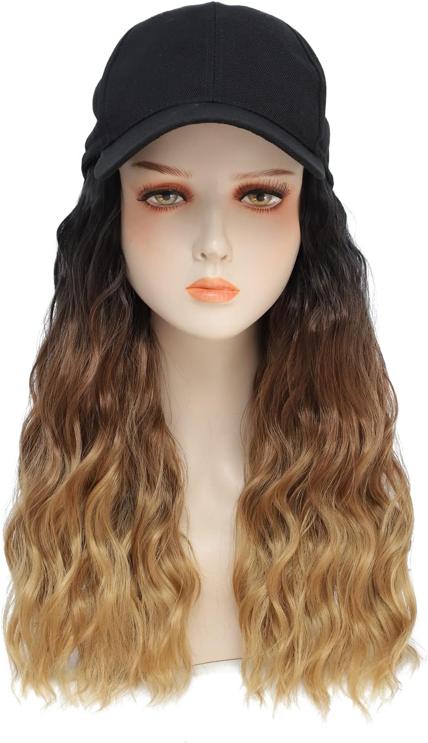 Baseball Cap Wig Long Natural Wavy Hair Extensions With Hat Heat Resistant Synthetic ombre body wave Hairpieces Adjustable Wig for Women Girls (B-black brown light brown)