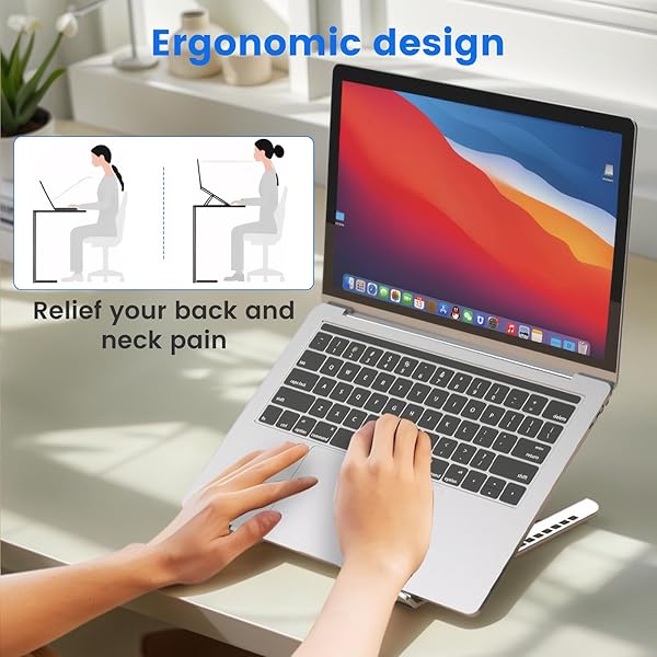 GrandMil Adjustable Laptop Stand for Desk – Foldable & Portable ABS+Silicone Riser, Ventilated Cooling Holder for 10-17.3” Laptops & Tablets (Black) - 3
