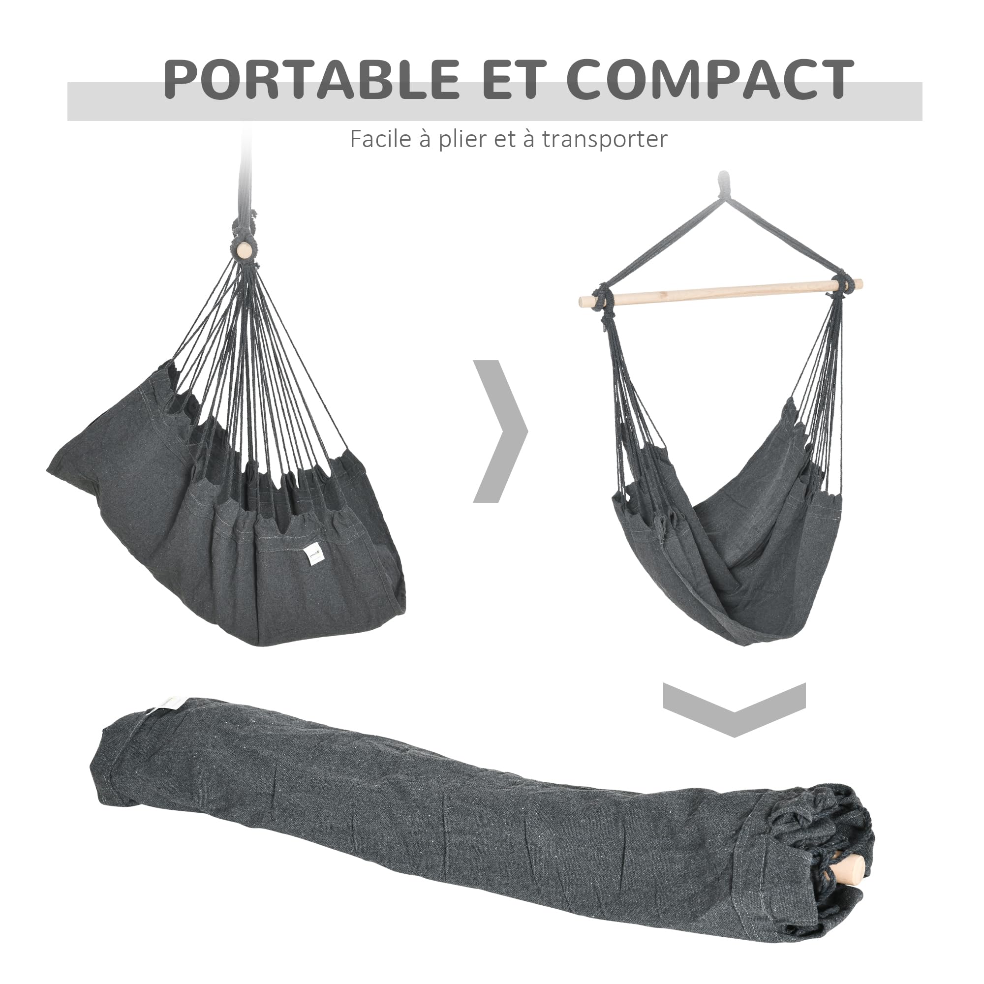 Outsunny Fauteuil Suspendu extérieur Chaise hamac Chaise Suspendue balançoire avec 2 Coussins, intérieur et extérieur, en Tissu Coton mélangé, pour Cour Patio pelouse, Gris foncé