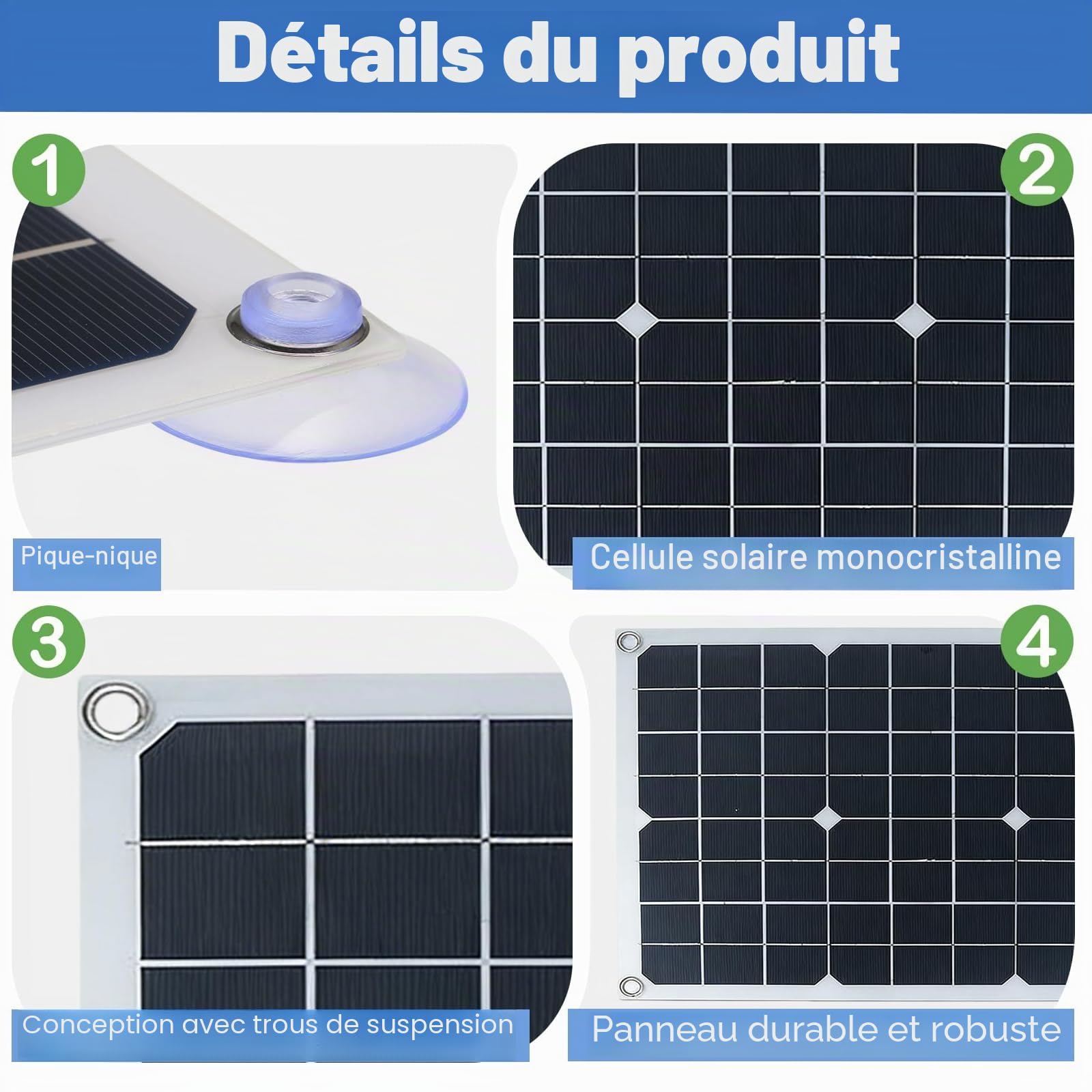 Panneau solaire 20 W, kit de panneaux solaires flexibles avec régulateur de charge 10 A, module solaire flexible pour batterie de voiture, chargeur solaire, étanche, adapté pour voiture, bateau