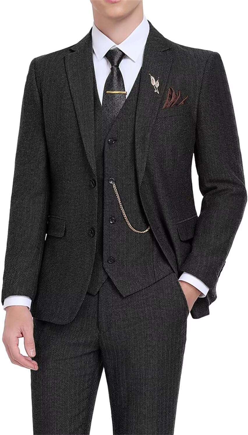Retro Tweed Men's Suit 3 Piece Slim Fit Herringbone Suits Groom Tuxedos Set Wedding Prom Blazer Jacket Vest Pants for Men - Image 2