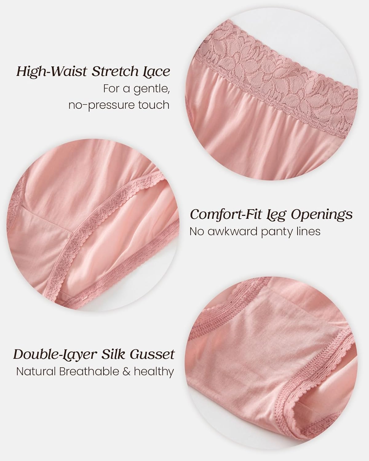 100% Mulberry Silk Underwear, High-Waisted Lace Briefs Silk Panties for Women, Ultra Soft, Breathable, Quick-Dry - Image 3