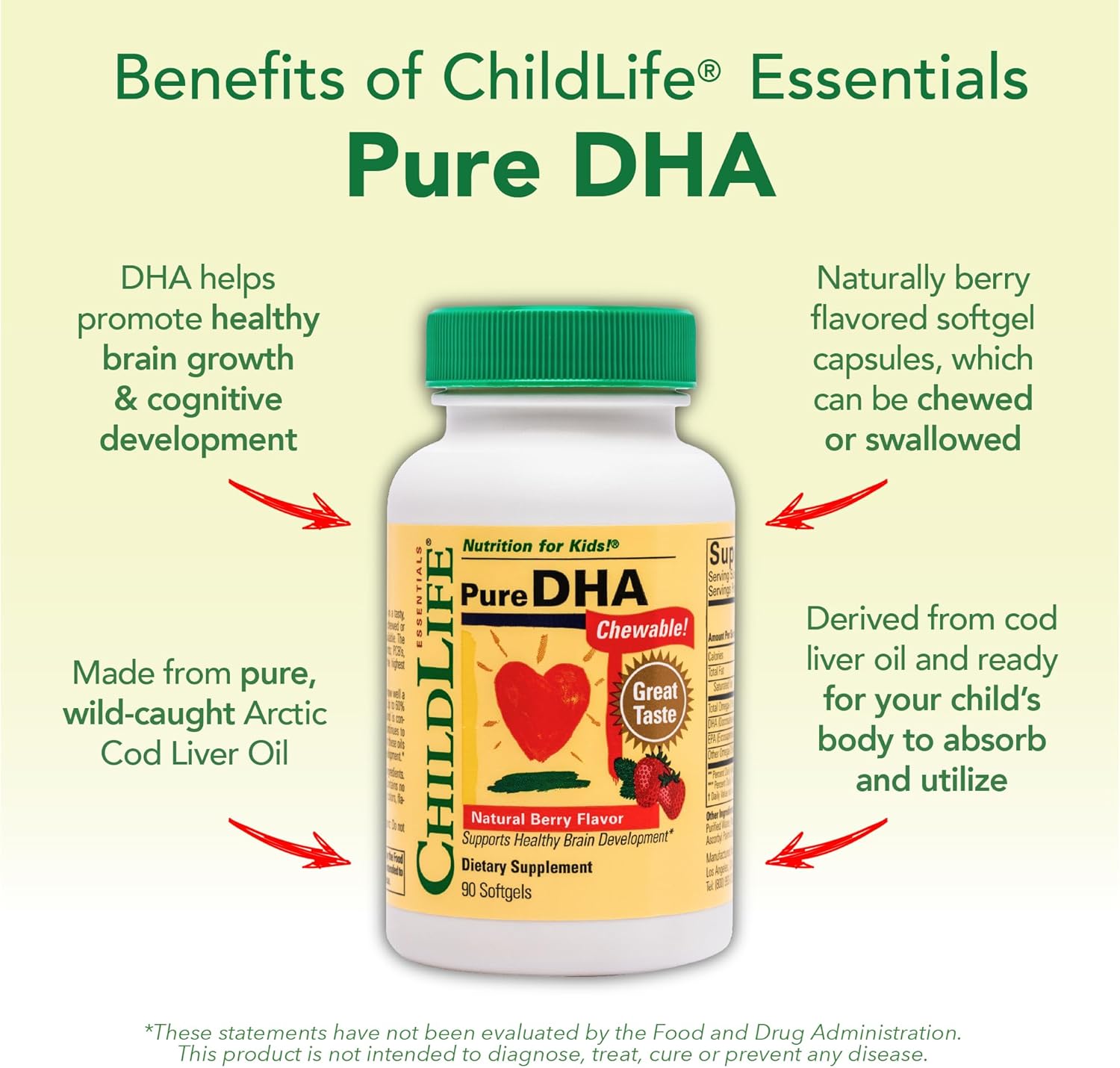 CHILDLIFE ESSENTIALS Pure DHA for Kids - DHA Supplements, DHA EPA Omega 3 Supplement, Children DHA Chewables, Baby DHA, Fish Oil for Toddlers, Gluten Free - Natural Berry, 90 Softgels (Pack of 3)