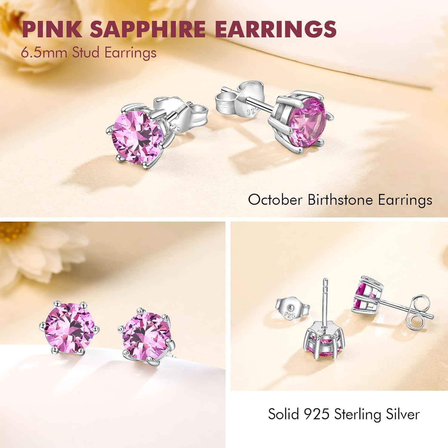 DAYBYDAY 925 Sterling Silver Birthstone Earrings for Women, Crystal Stud Earrings, 6.5mm Round Cut Solitaire Gemstone Earrings Birthday Jewelry - Image 4
