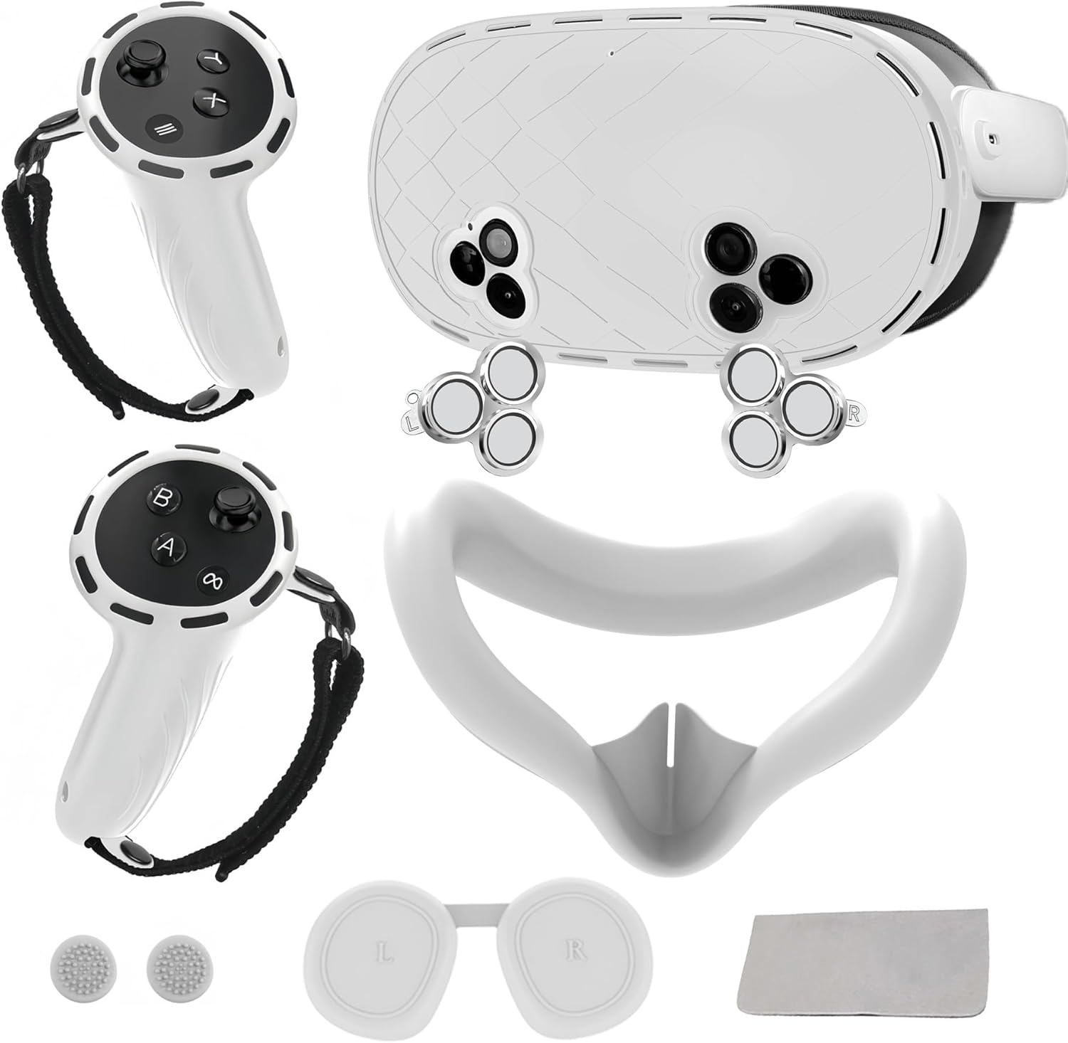 Silicone Cover Set Compatible with Meta/Oculus Quest 3S, VR Headset Shell Cover with Controller Grips, Facial Interface Cover, Lens Caps,7PCS (White)