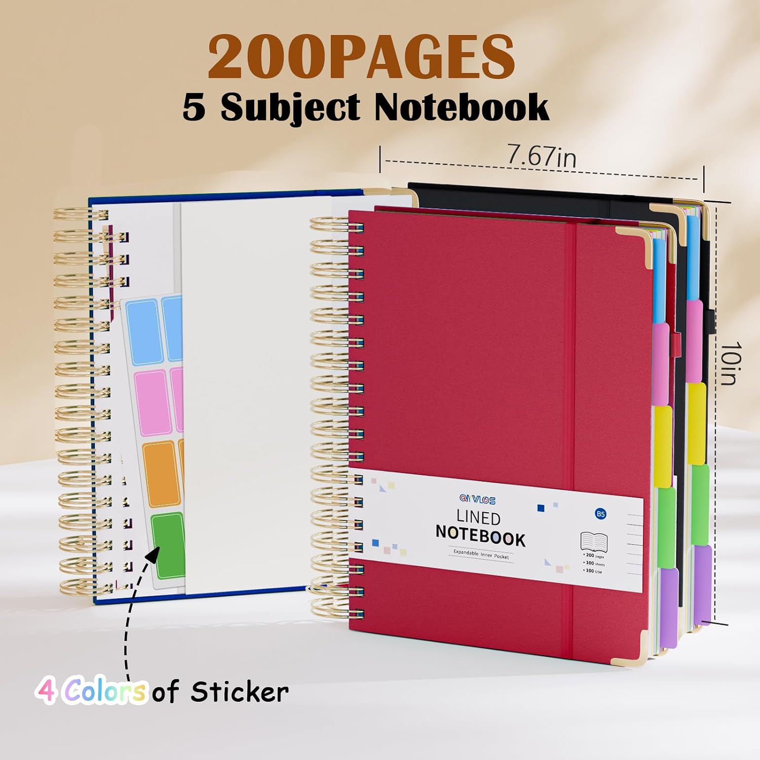3 Packs Hardcover Spiral Notebook, B5 Journal with Removable Dividers Tabs, 5 Subject Notebook College Ruled, 200 Pages 8"x10" Leather Notebooks for Work School Study, Lined Journal for Women(Red/Blue/Black)