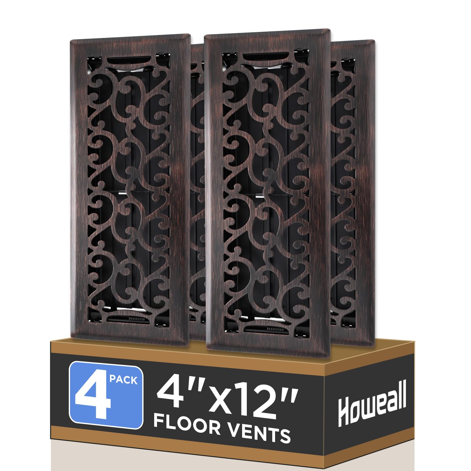 Howeall 4x12 Inches 4 Pack Heavy Duty Walkable Floor Register - Easy Adjust Air Supply Lever Decorative Floor Vent Covers, Savannah Design Vent Covers