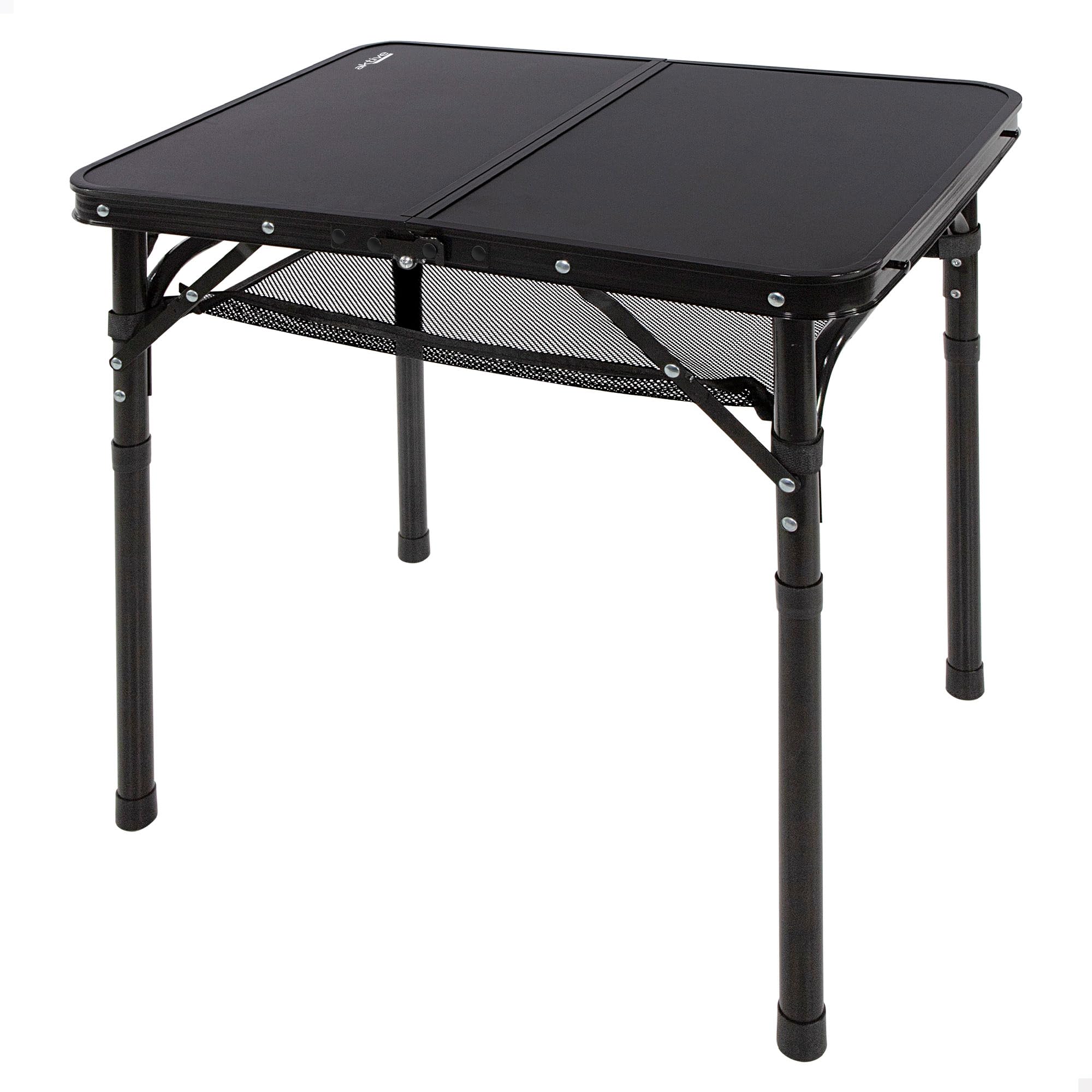 AKTIVE Mesa Plegable pequeña, Negro, 60 x 45 x 27/56 cm, Altura Ajustable, Topes Antideslizantes, Soporta 30 kg, Asas Transporte, Incluye Red Auxiliar Desmontable, Playa, Jardín (63086)