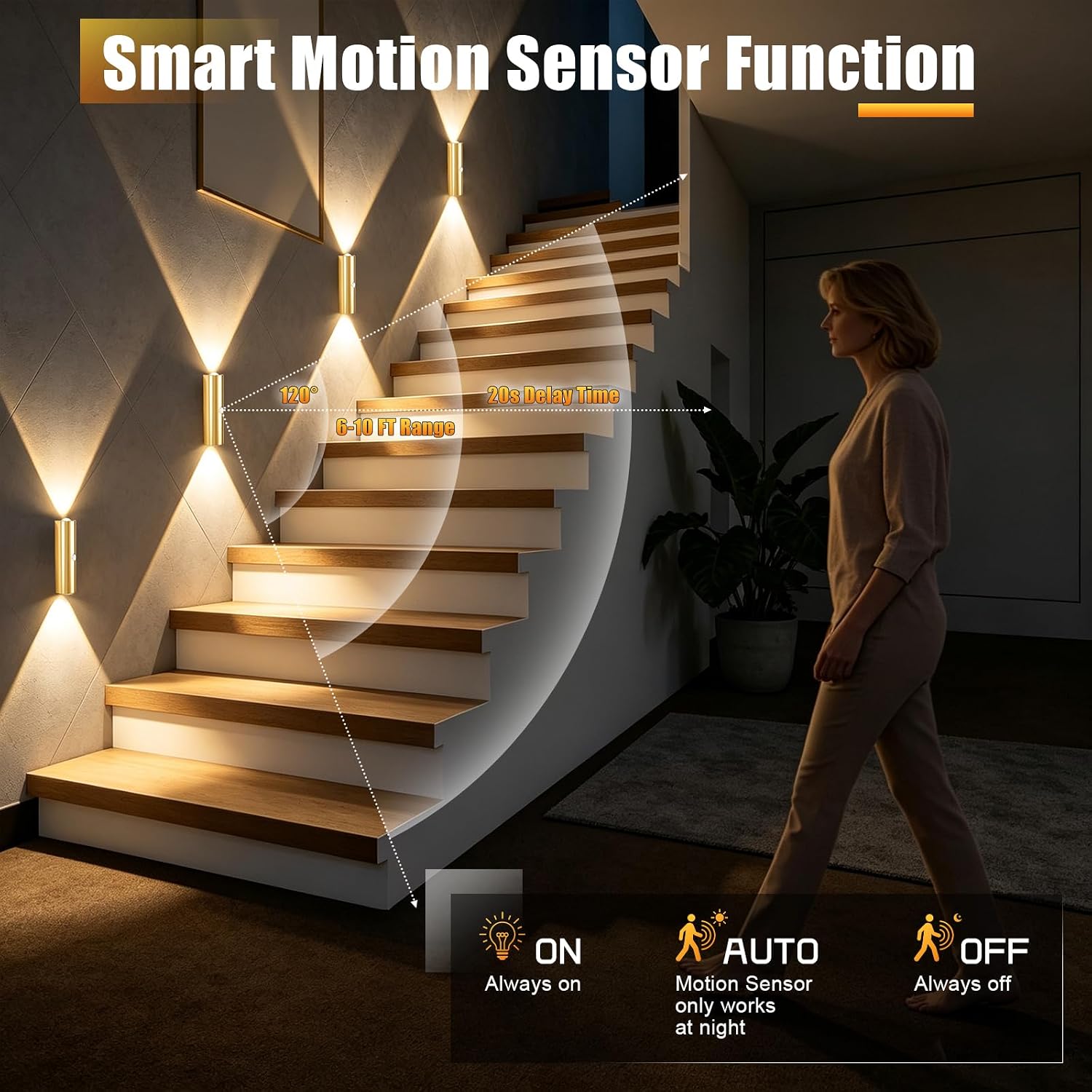 2 Pack Motion Sensor Wall Light, Rechargeable Wall Sconces | Wall Sconces Battery Operated with 3 Colors & Dimmable, Magnetic Wireless Wall Sconces for Stair Bedroom Hallway (Gold)