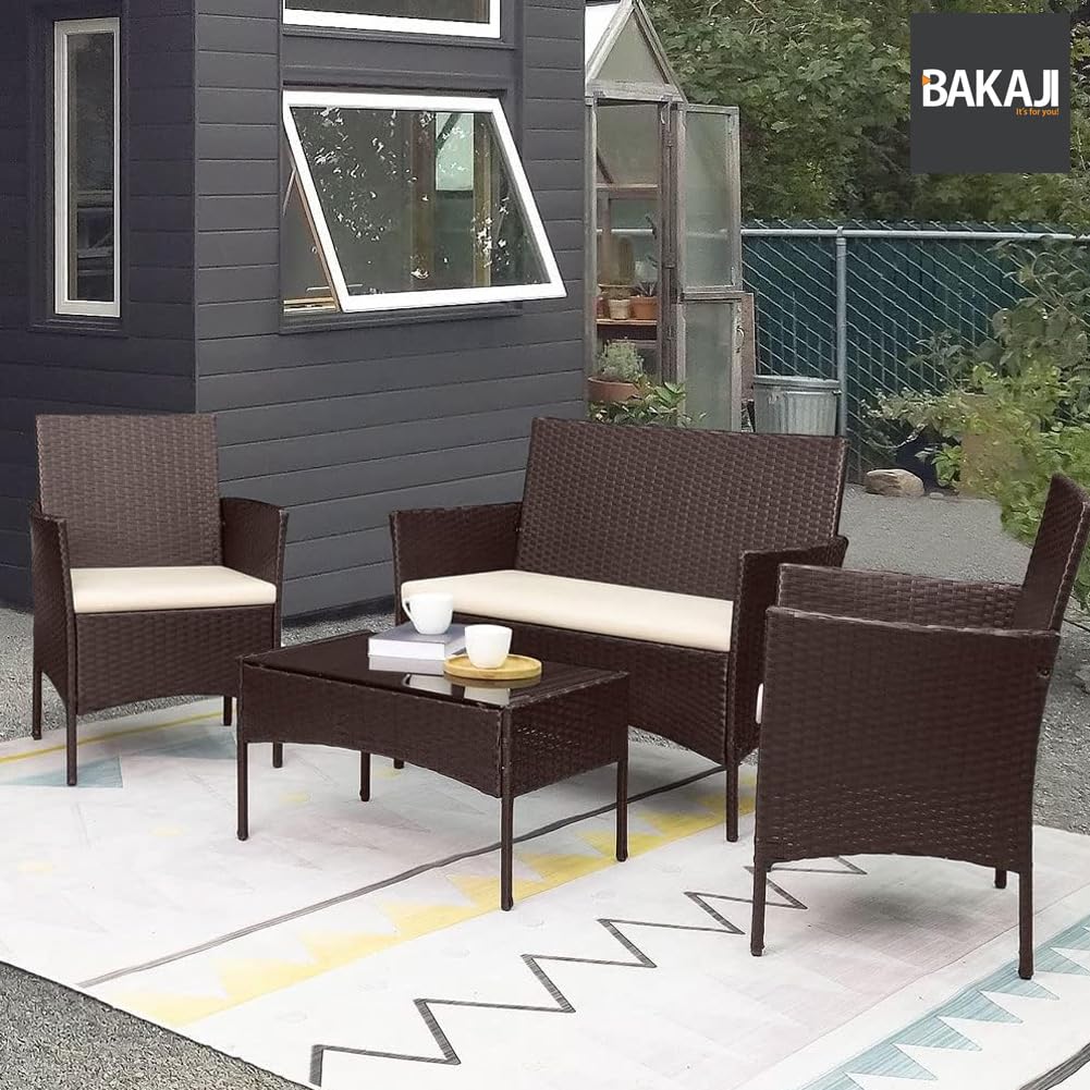 BAKAJI Set Salotto Completo di Divano 2 Poltrone e Tavolino in Vetro e Rattan Struttura in Acciaio Zincato con Cuscini Sfoderabili Arredo Giardino Terrazzo Design Moderno Colore Marrone