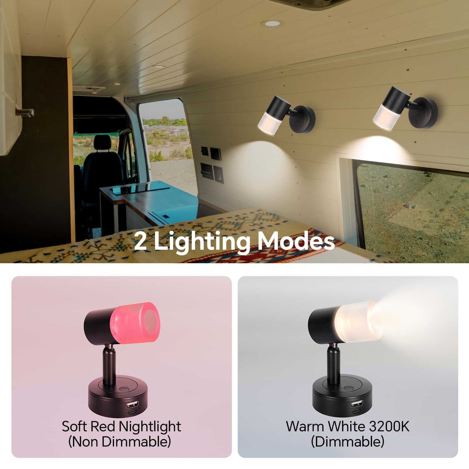 acegoo 12V Leselampe Wohnmobil LED Dimmbar Bett Lampe mit USB-Schnellladegerät, Acryl Spot 24VDC für Boot Wohnwagen Camper Van Yacht Innenbeleuchtung, Fest verdrahtet 3200K/rote Nachtlicht Schwarz
