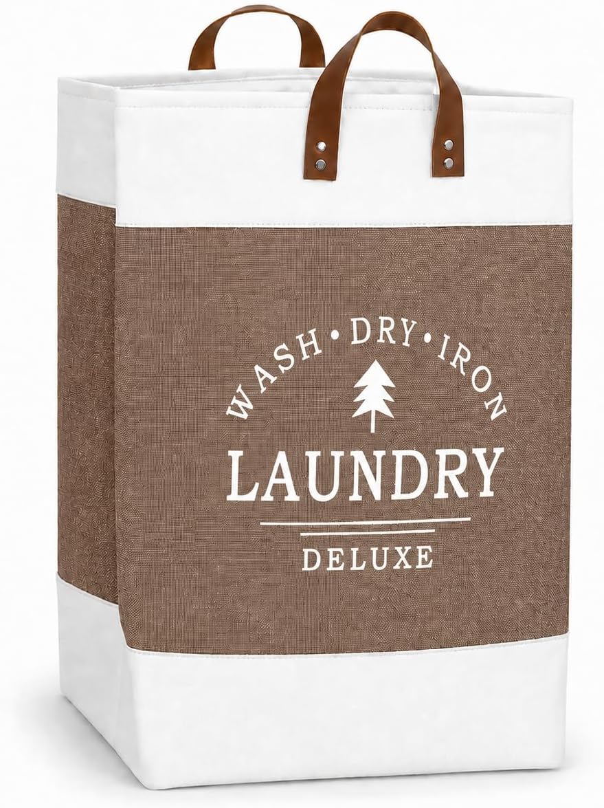 Collapsible Laundry Hamper with Handles, Foldable Fabric Clothes Hamper, Square Laundry Basket for Bedroom Bathroom Laundry Room, Storage Basket for Clothes, Towels, Toys (beige)
