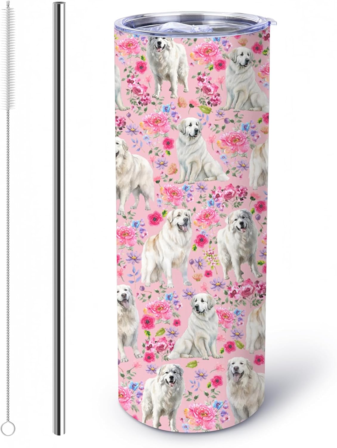Great Pyrenees Gifts for Women, 20oz Stainless Steel Insulated Tumbler Travel Mug Cup with Lid Straw Brush, Gifts for Dog Mom Dog Lover