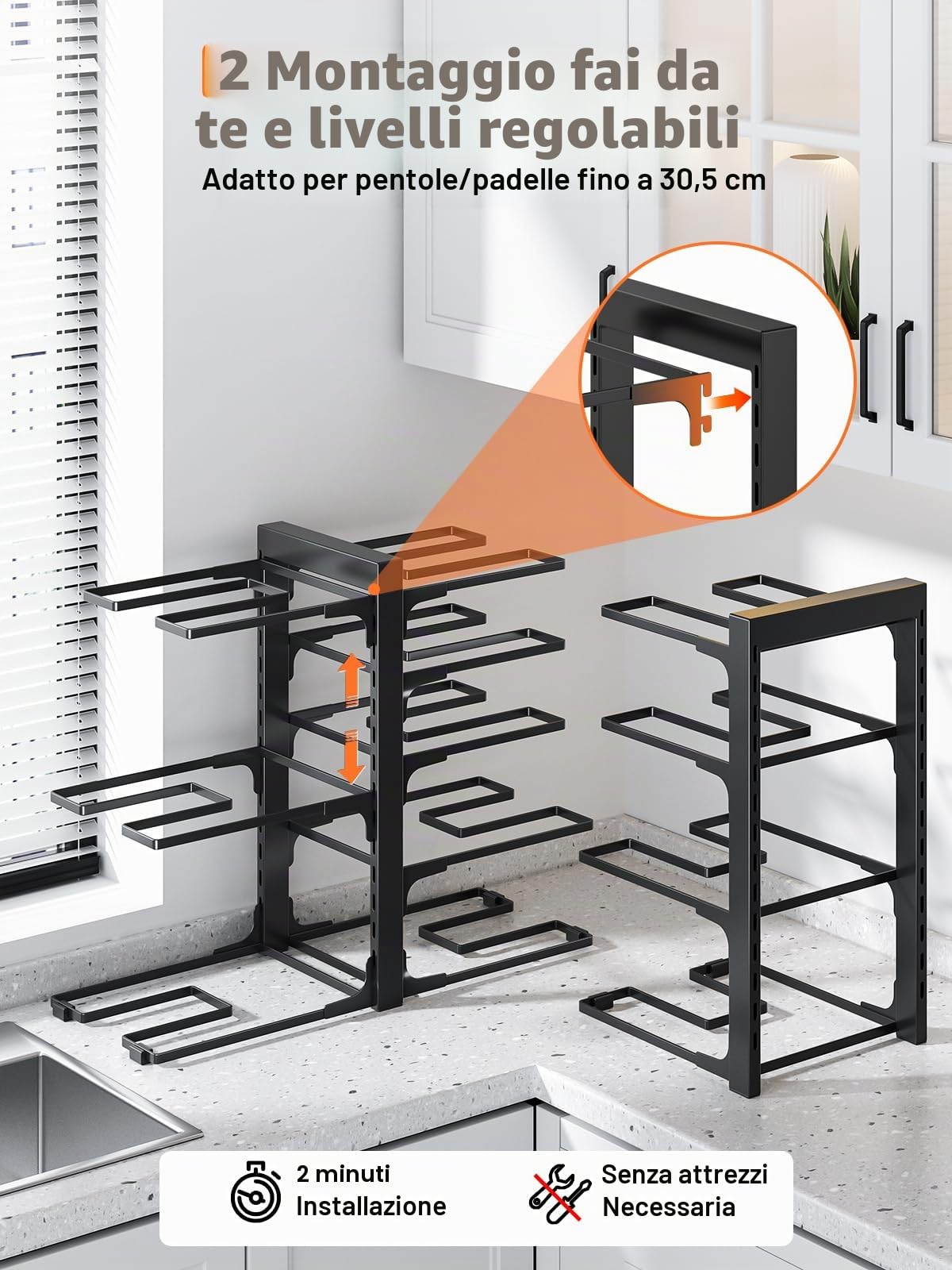 MUDEELA Organizzatore di Pentole e Padelle per Mobile, Porta Pentole Regolabile a 8 Livelli, Porta Padelle Salvaspazio, Ideale per Organizzare e Riporre Pentole e Padelle in Cucina