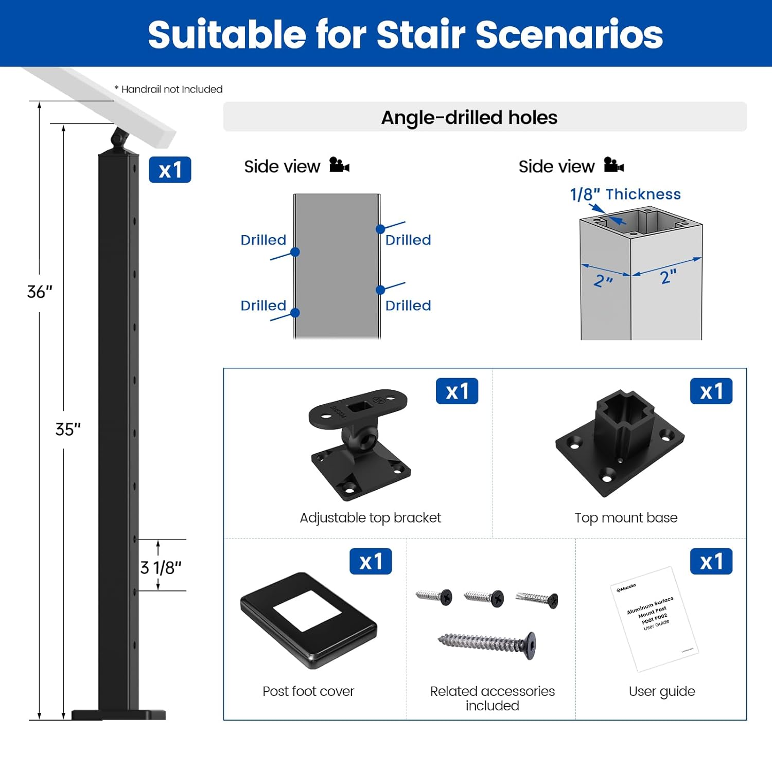 Muzata Aluminum Black Stair Cable Railing Post 36 Inch for 25-35 Degrees Stair 36"X2"x2" Surface Mount Cable Railing System Kit Indoor Outdoor Seaside with Paper User Guide PD01 Baas