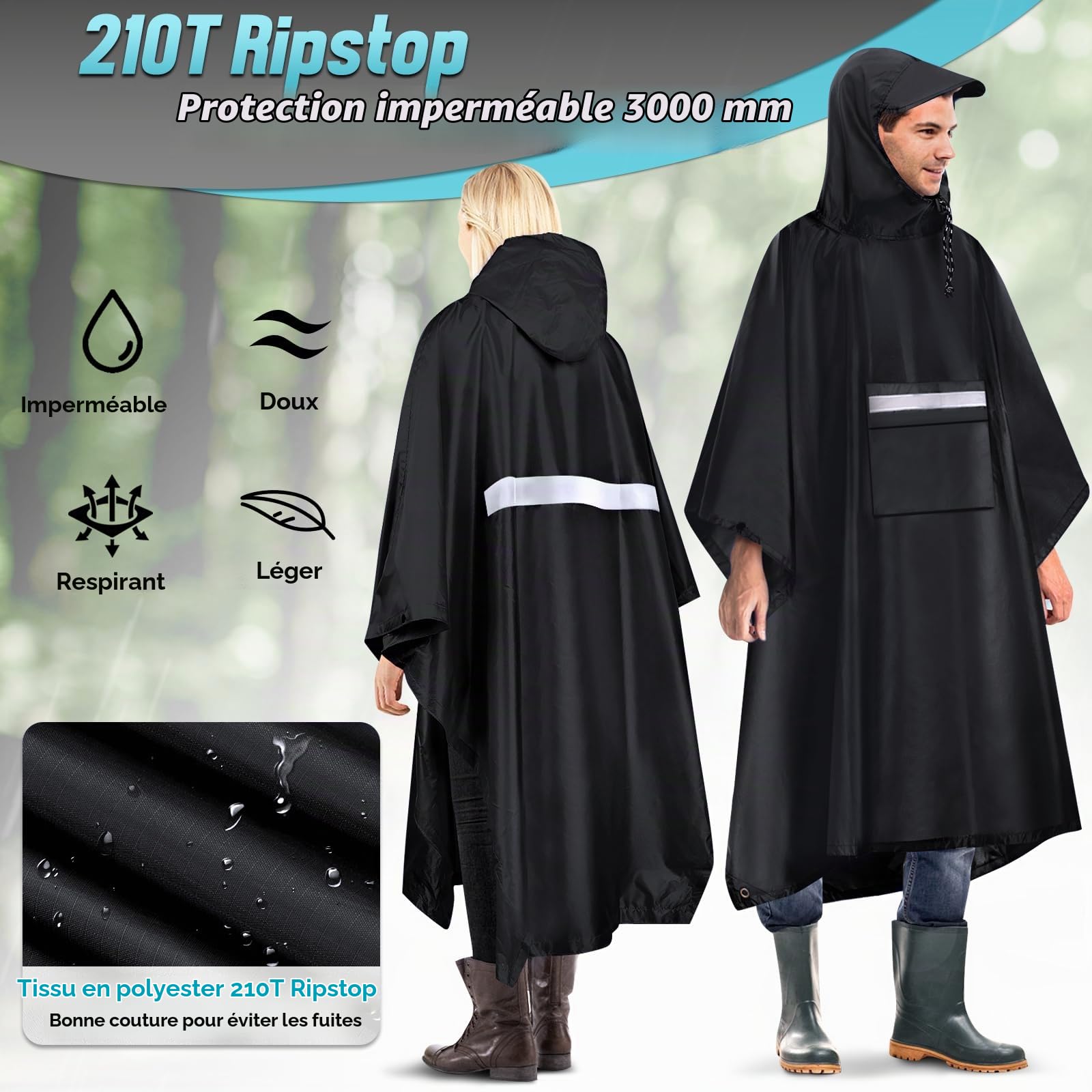 Poncho Pluie Imperméable 225 X 140CM Cape de Pluie Réutilisable Poncho Légère Respirant Grand Poncho de Pluie Unisexe avec Capuche et Poche pour Extérieur Randonnée Camping Vélo