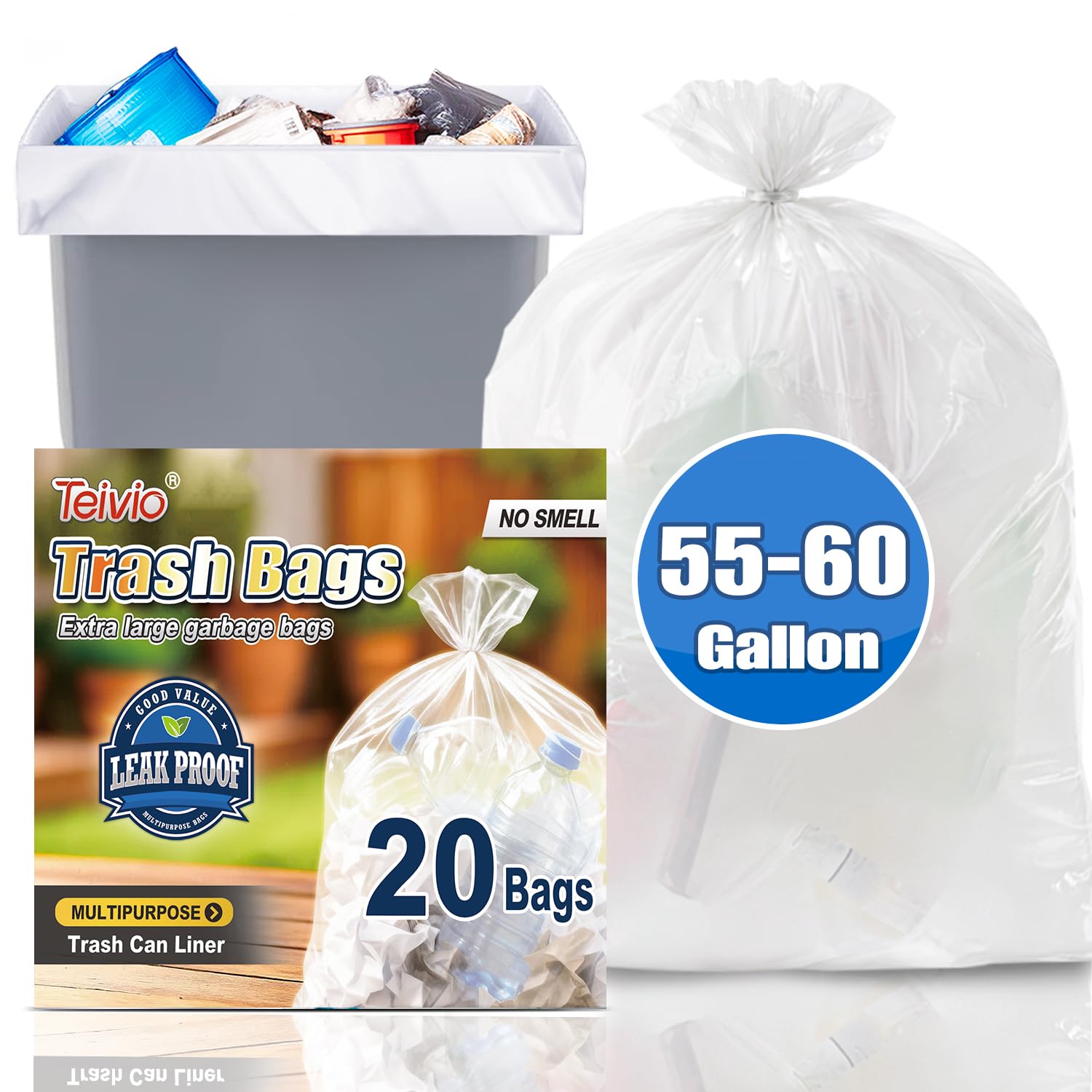 Teivio Large Clear Trash Bags 55-60 Gallon 20 Count 50+ Gal Garbage Bags