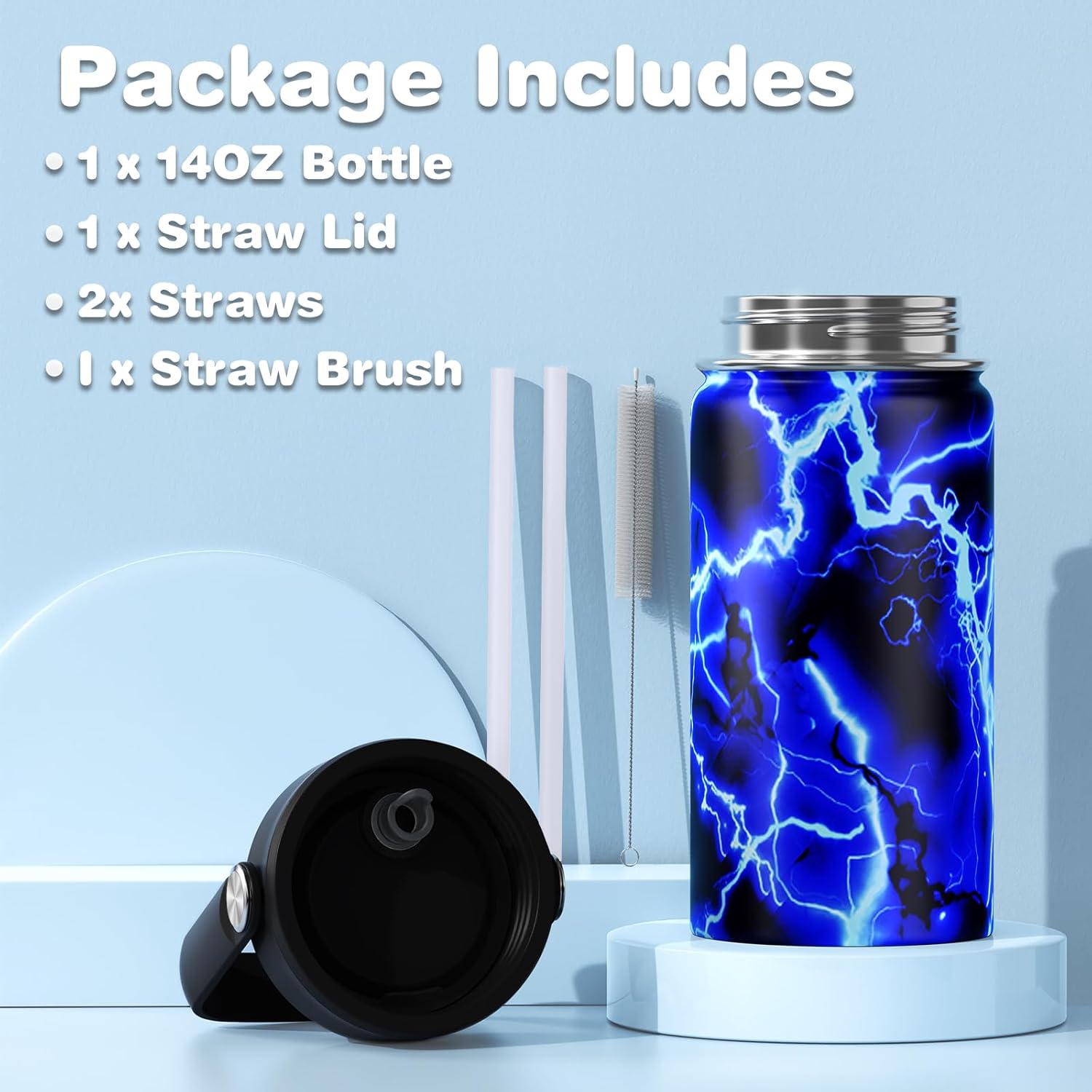 Bevalsa Kids Backpack for Boys with 14oz Insulated Bottle, School Bags for Kids & BPA-FREE Stainless Steel Metal Bottle with Straw Lid for Elementary Middle School Student (Lightning)