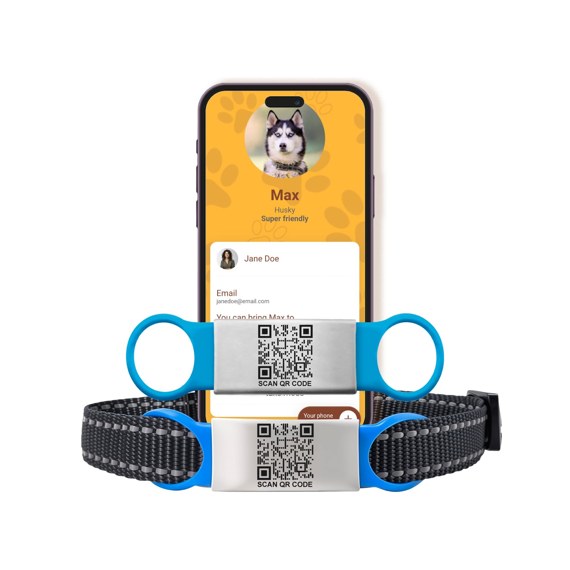 Smart Slide-On QR Code Pet Tag – Silent Dog & Cat ID Tag with Laser Engraving – Stainless Steel & Silicone – No App Needed – Custom Pet Profile – Fits Most Collars (Blue, Small)