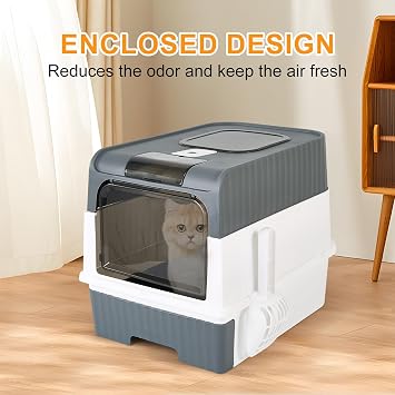 Cat Litter Box with Scoop, Large Foldable Litter Box with Lid, Front Entry Top Exit Kitty Box, Odor Control, Easy to Clean (Grey)
