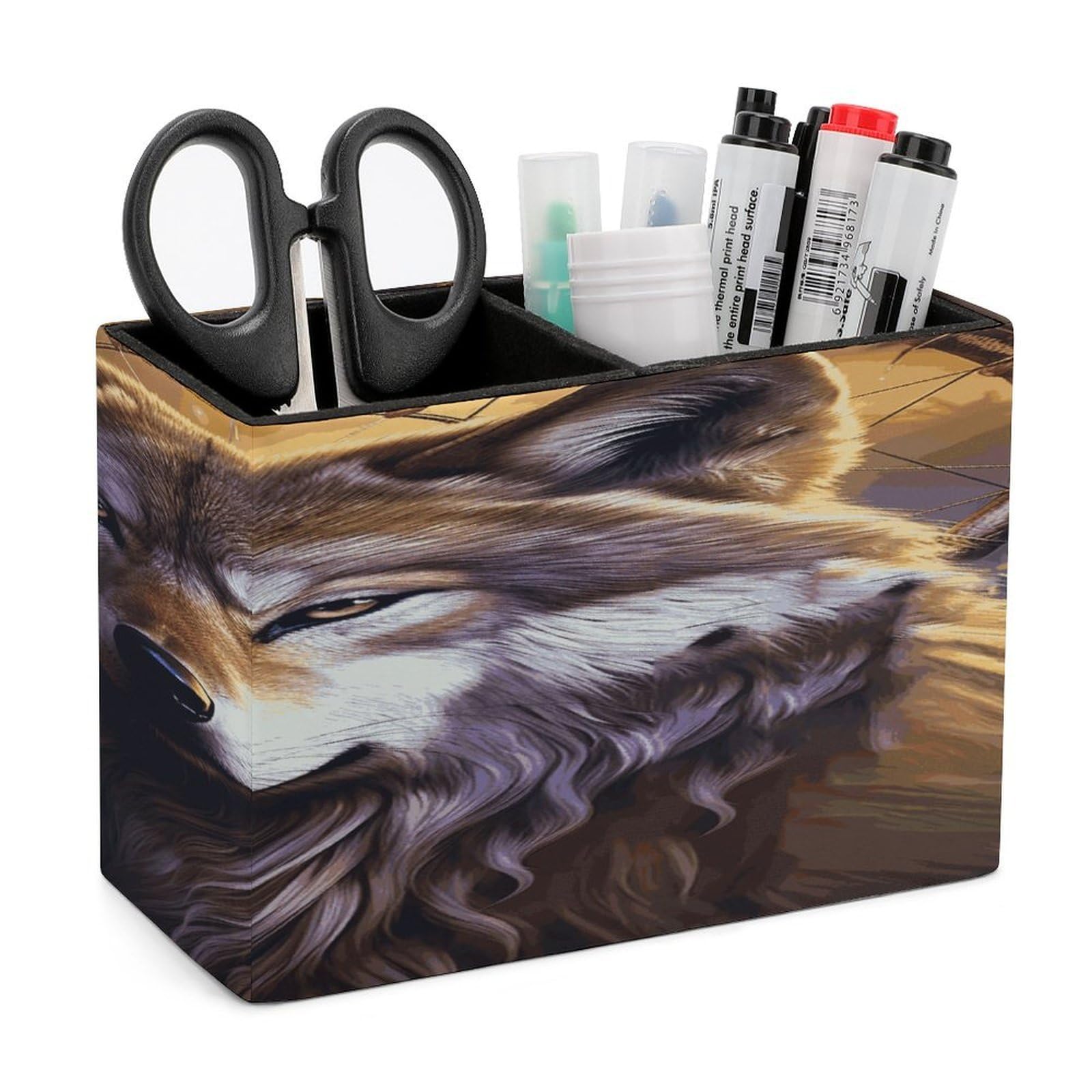 LDGSUPH Wolves And Dream Catchers Leather Pen Holder for Desk Organizer Caddy Large Pencil Cup Multi-function Pencil Holder Makeup Brush Holders Pen Organizer for Home Office Storage Box