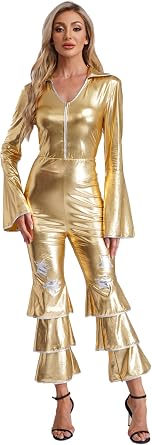 Womens 70s Disco Jumpsuit Costume Shiny Metallic Party Dance Bodysuits Club Retro Costume