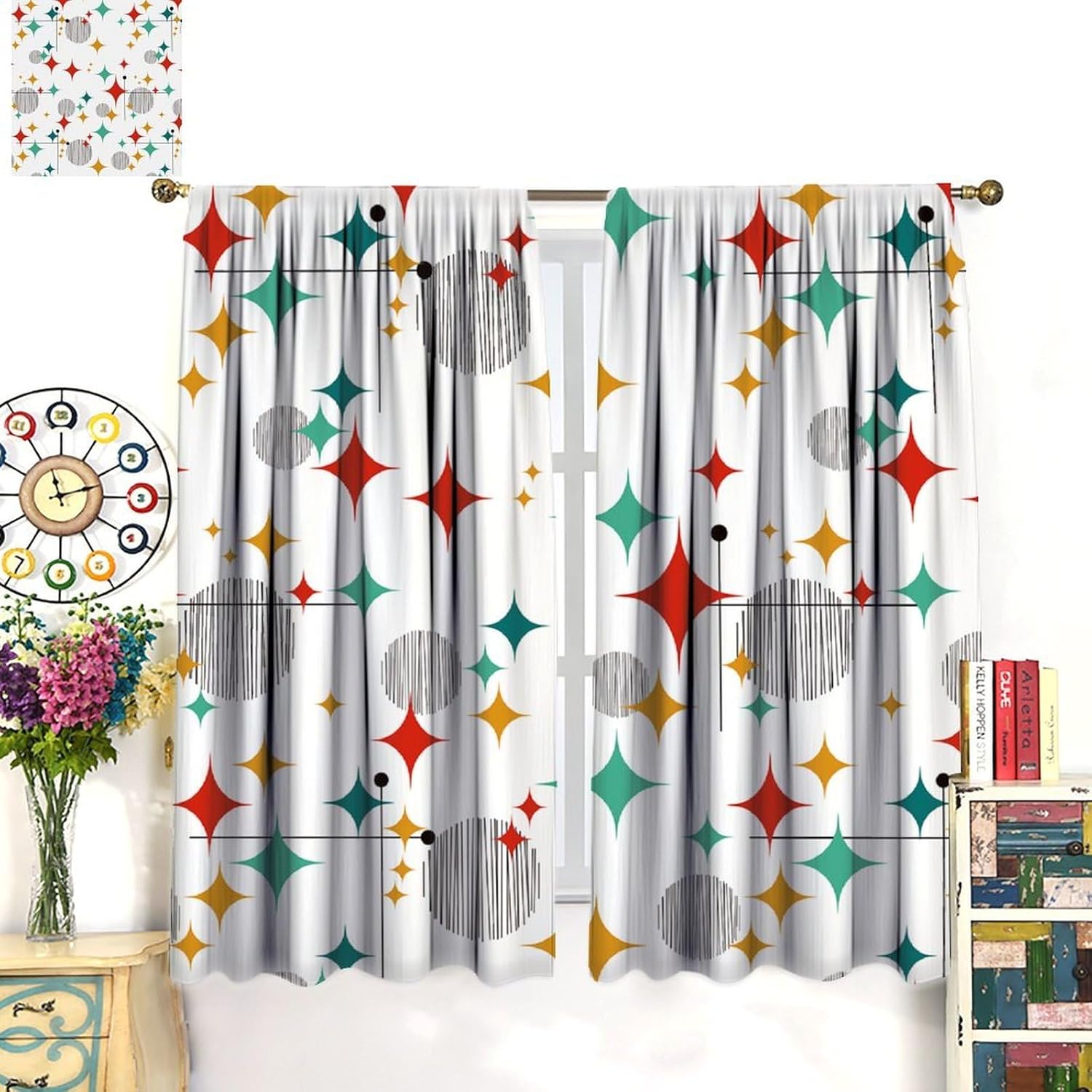 Mid Century Curtains, Modern Retro Red Green Colors Pattern Blackout Rod Pocket Window Drapes for Living Room Bedroom Kitchen Bathroom Home Decor, 63x63 Inch 2 Panels