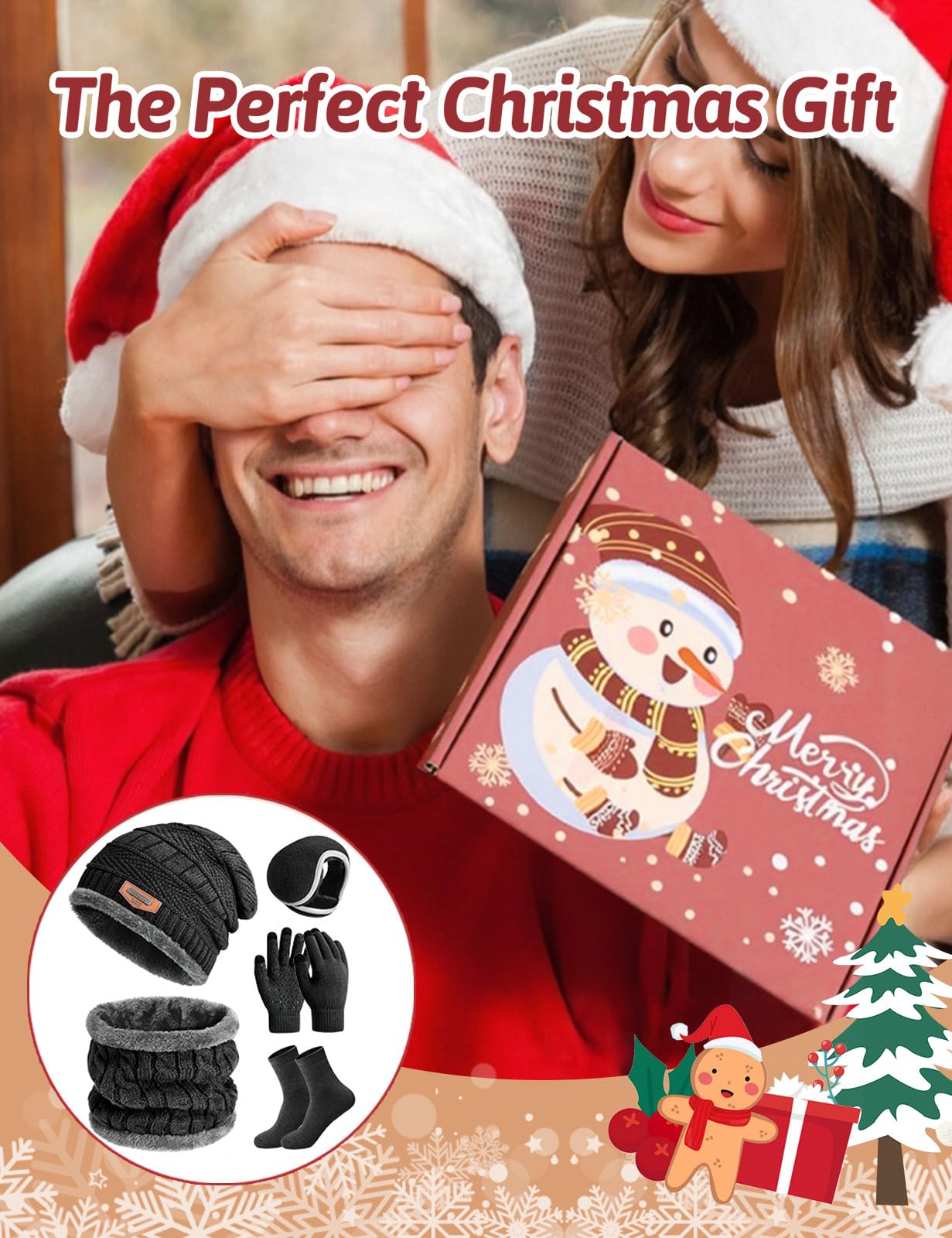 heekpek Set de Bufanda Gorro Guantes Orejeras y Calcetines Hombre de Punto Invierno Suave Térmico Conjunto de 5 Piezas para Hombre