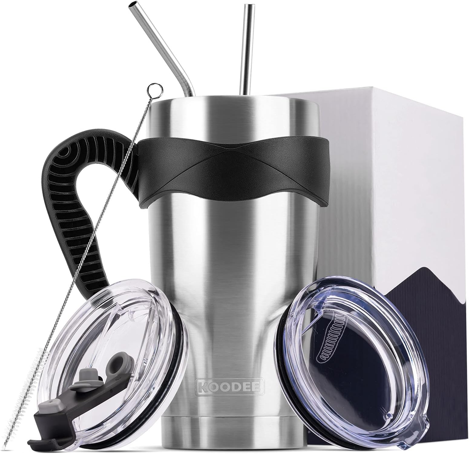 koodee Tumbler with Handle-20 oz Stainless Steel Double Wall Vacuum Insulated Tumbler Cup Travel Coffee Mug with Lid and Straw (20 oz Stainless steel)