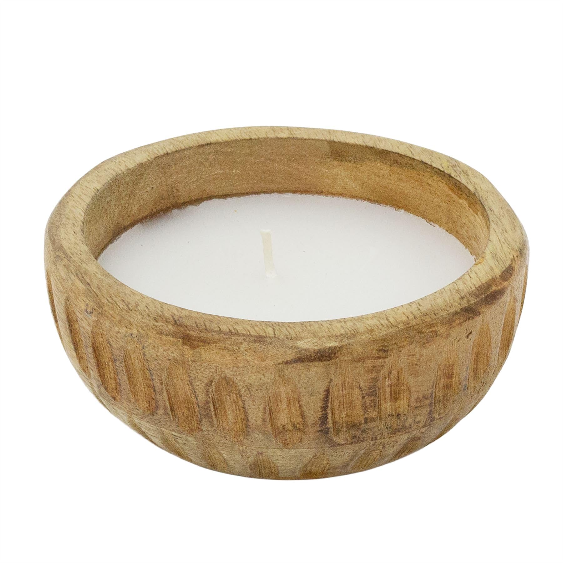 Mango Wood Ribbed Small 1-Wick Candle, 12cm White Scented Candle with Sandalwood & Bergamot Fragrance & Rustic Wooden Holder
