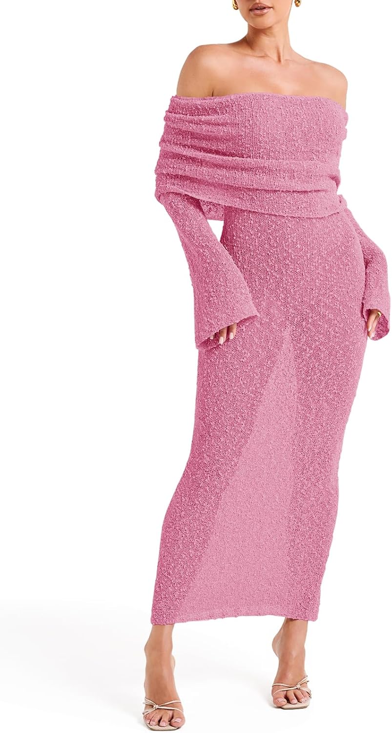 Saodimallsu Womens Off Shoulder Summer Maxi Dress Bell Long Sleeve Sexy Bodycon Strapless Sheer Beach Swimsuit Coverup