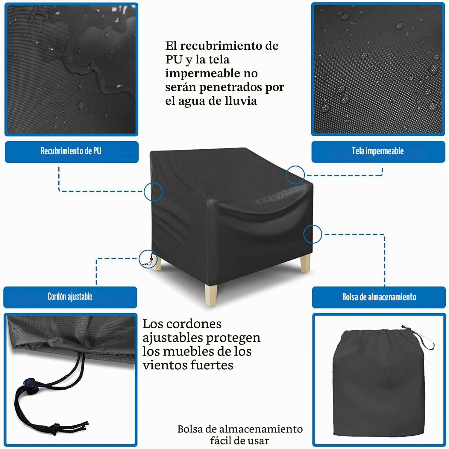 Funda para muebles de patio, 4 piezas, funda de mesa de jardín de tela Oxford 420D resistente con ventilación de aire, juego de muebles de patio a prueba de viento con 2 hebillas a prueba de viento