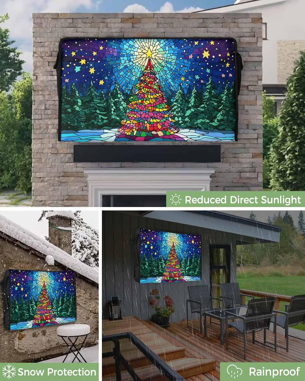 Christmas Tree Teal Blue Outdoor TV Cover 40"-43" - 600D Waterproof TV Cover Weatherproof TV Screen Protector Dustproof Winter Xmas Pine Stars Green TV Display Protector for Outside Flat Screen TV