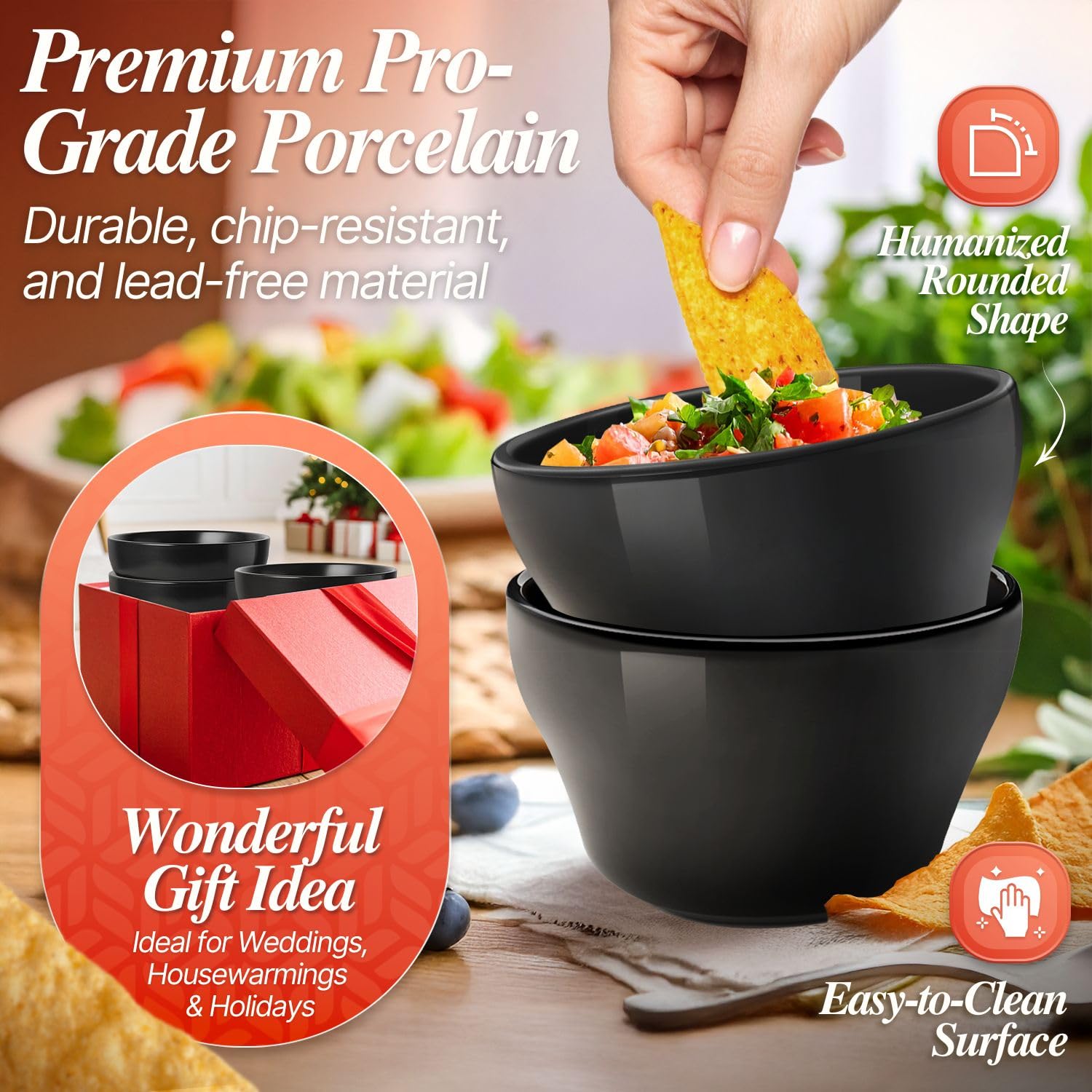Flexzion Kubek Bouillon i miski do zupy 237 ml – porcelanowe małe miski deserowe, miseczki do sosów do maczania, zestaw 6 sztuk, nadają się do kuchenki mikrofalowej i zmywarki, czarne