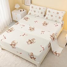 CVHOUSE Bear Bed Sheets Set Queen Size - Cartoon Kawaii Bedding for Girls, Kids, Teens - Cute Fitted Sheet Set With 1 Flat Sheet, 1 Fitted Sheet, 2 Pillow Cases 4 Pieces