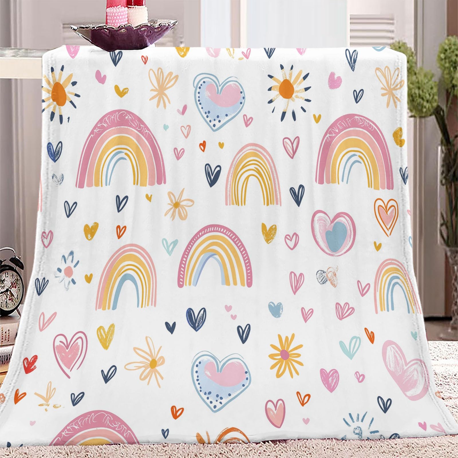 Manta de Forro Polar Rosa Azul Suave y esponjosa, Manta cálida para Cama Flores corazón arcoíris adorables para Dormitorio Sala de Estar Oficina 180 x 220 cm