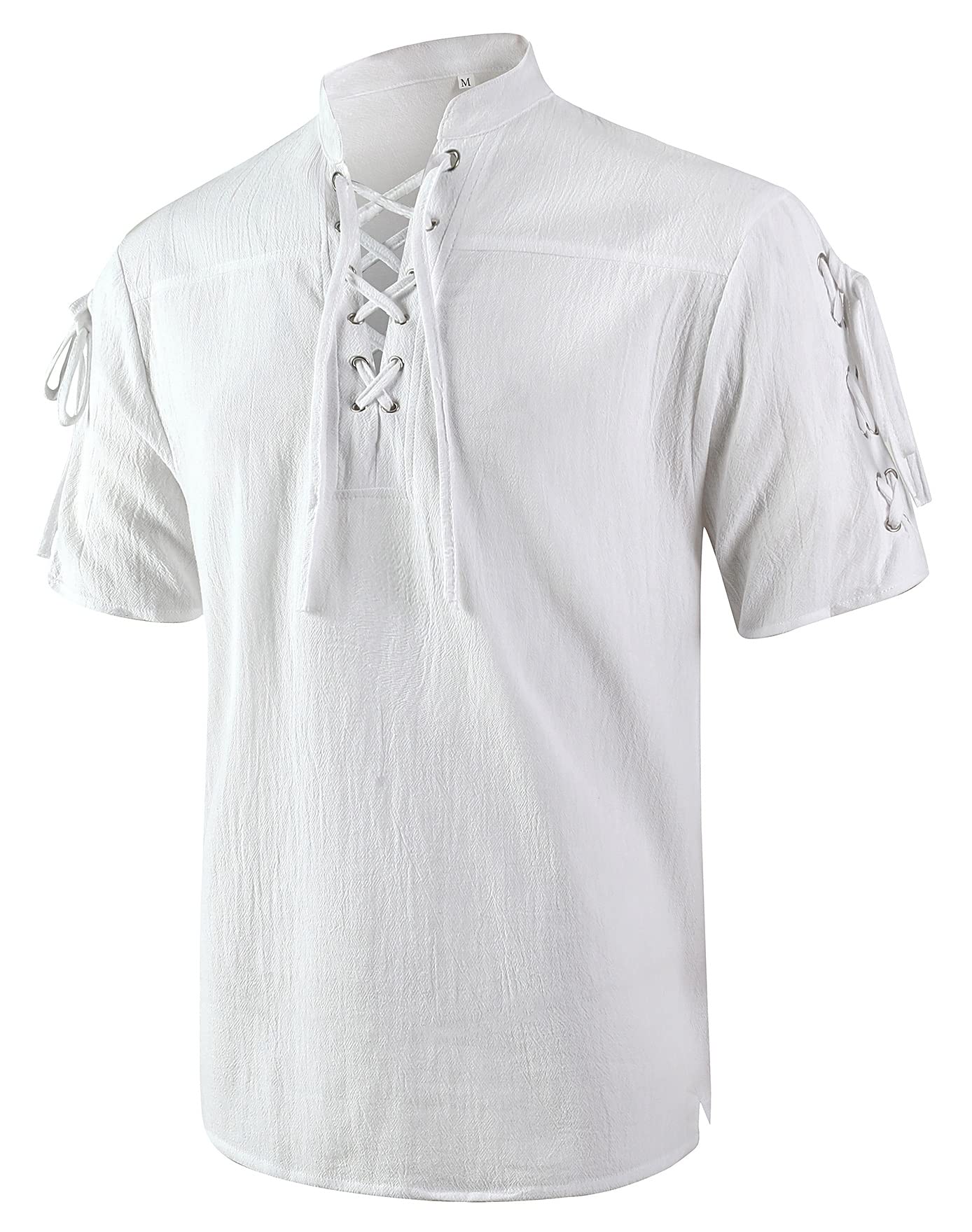 mogenda Men’s Renaissance Costume Beach Shirts Short Sleeve Lace-up Viking Pirate T-Shirts V Neck Hippie Yoga Tops