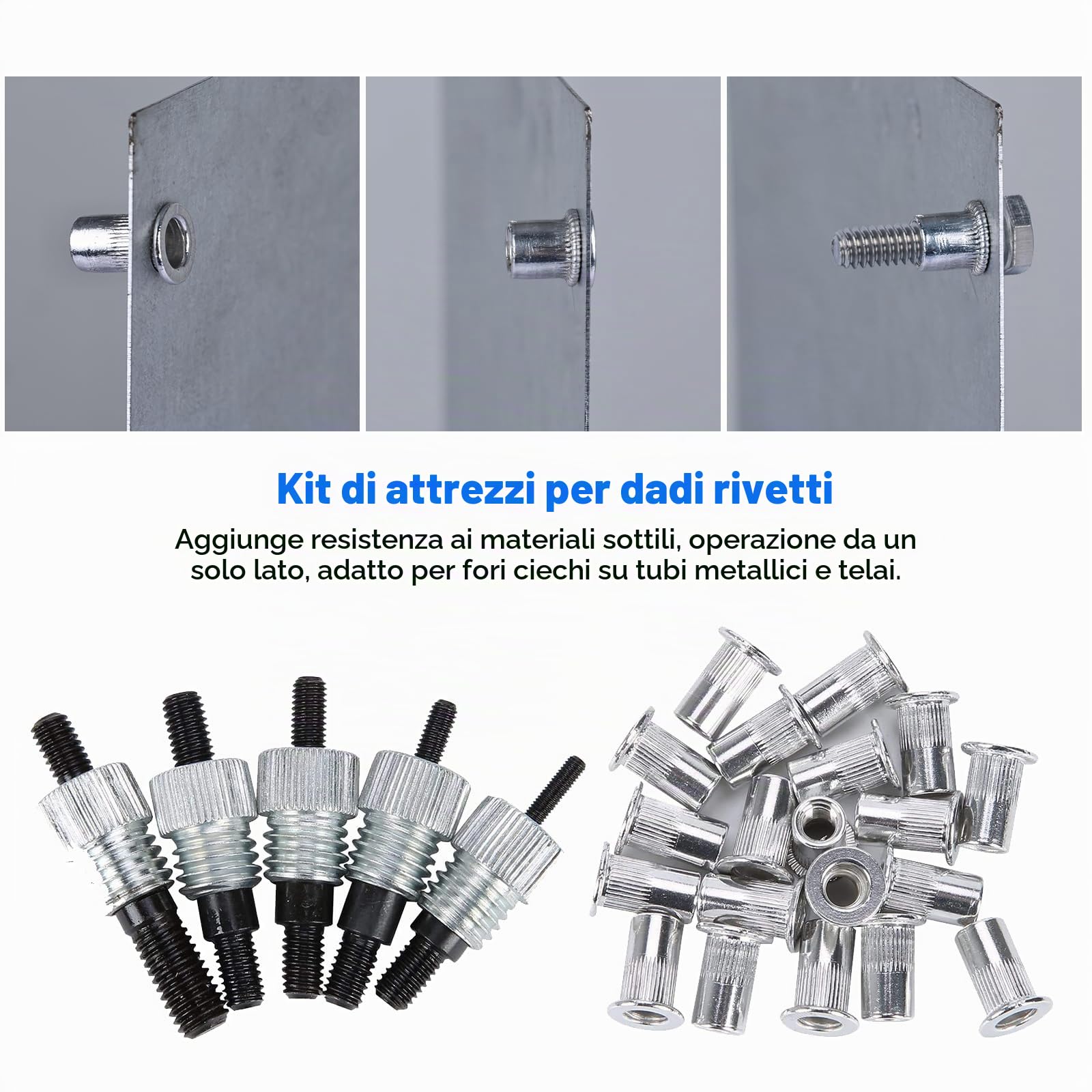 FreeTec 436Pz Rivettatrice per Inserti Filettati, M3 M4 M5 M6 M8 Kit Rivettatrice Manuale Dadi Filettati, Pinza Pistola Rivetti Filettati con Mandrini per Riparazione Mobili Rimorchio Auto Telaio Tubi