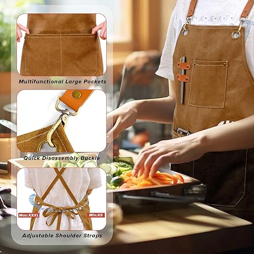 Miniatura 3 de LZMS Delantal de chef para hombres y mujeres, delantal de trabajo de lona con espalda cruzada con 3 bolsillos grandes, resistente al agua, tamaño