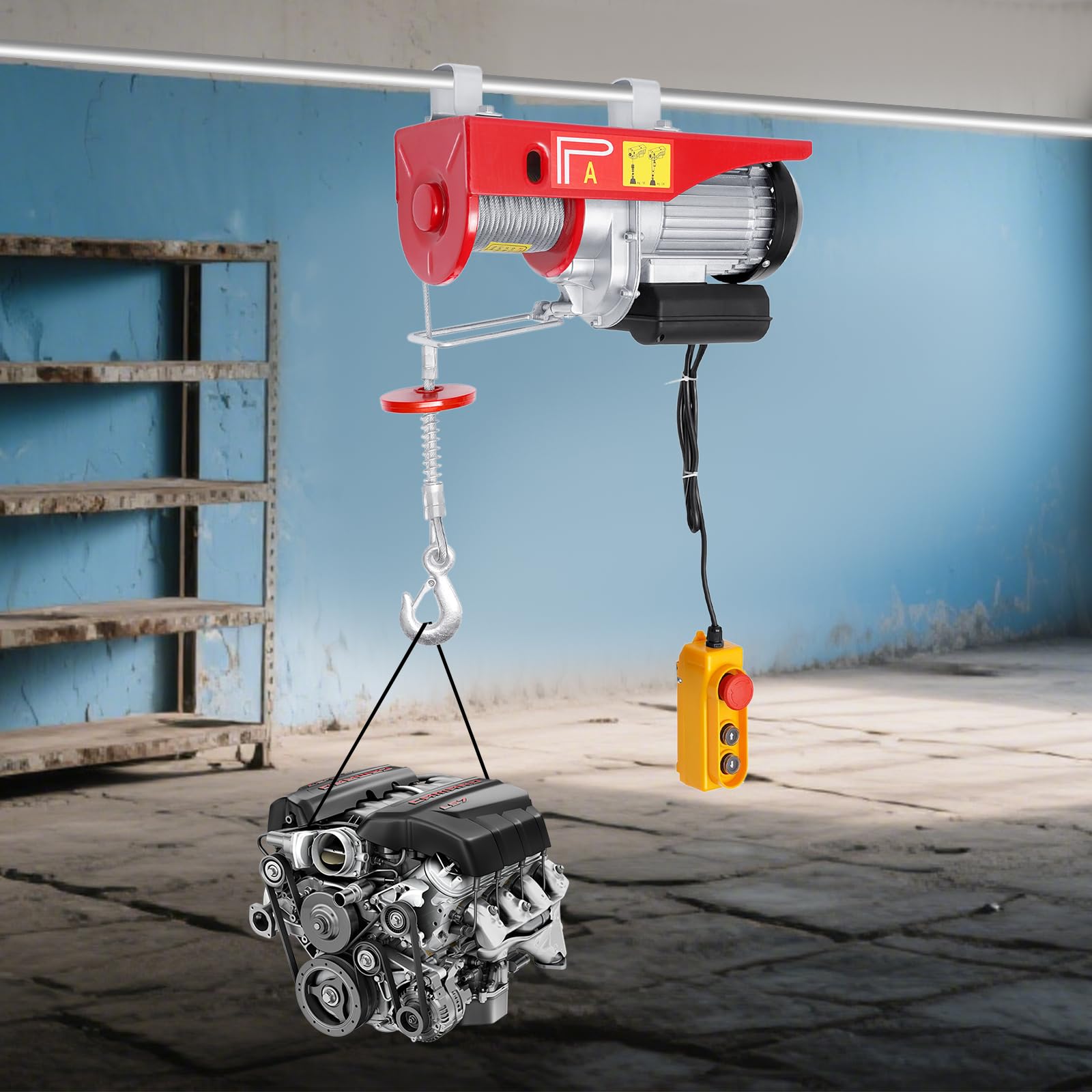 Elektrische Seilwinde PA800 220V 1350-1450W Elektrischer Seilzug 400kg 800kg Hubkraft Mit Kabelfernbedienung Notausschalter IP40 Elektroheber für Werkstatt Baustelle Lager