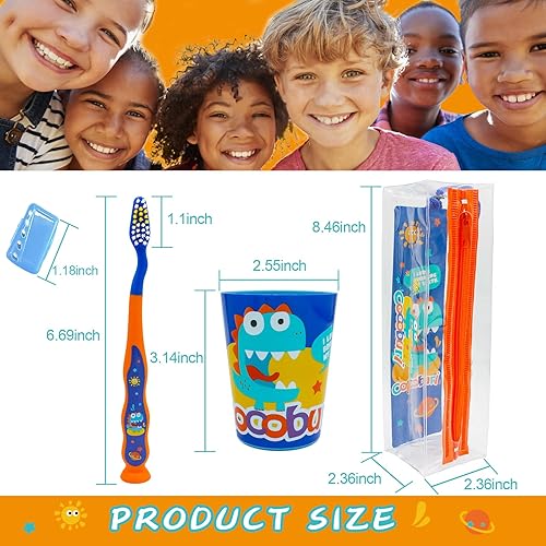 Miniatura 6 de COCOBURI Dinosaurs Juego de 4 cepillos de dientes para niños, juego de viaje para niños, cepillo de dientes, tapa para cepillo de dientes, taza
