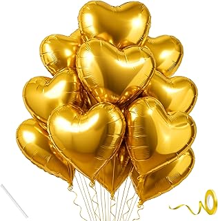 Pack of 10 Heart Balloons for Happy Birthday Decoration Gold Kit Baby Boys Girls Kids Men Women Car Boot Living Room Heart Shaped Foil Balloon Set Items Golden