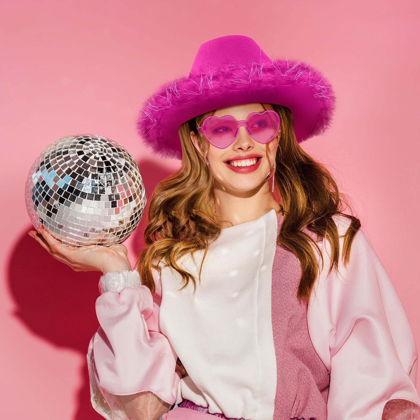 Zhanmai Juego de sombrero de vaquera con boa de plumas y gafas de sol de corazón para niñas, despedida de soltera, fiesta de disfraces