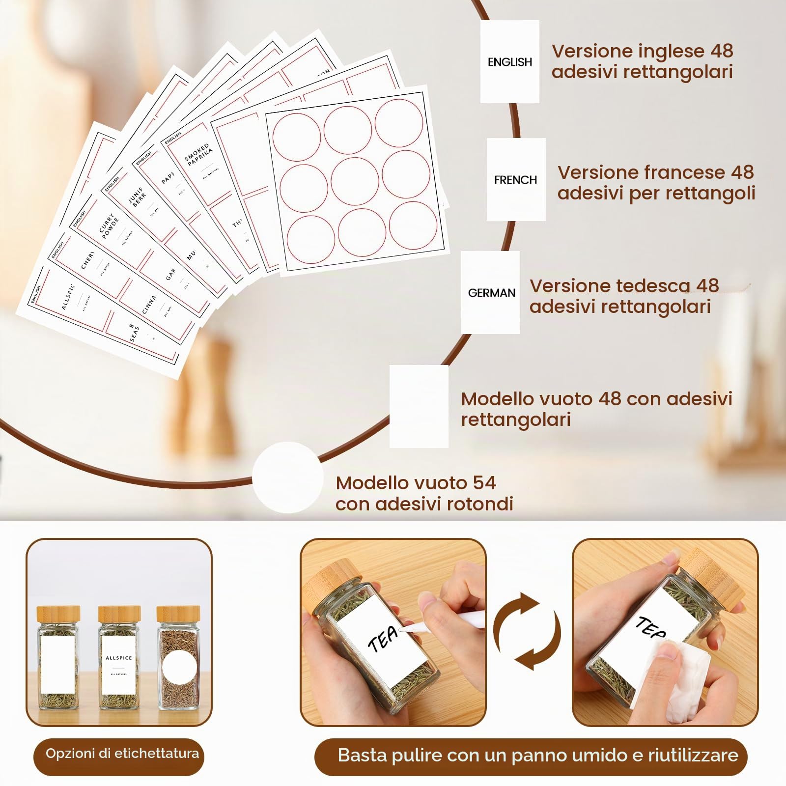 Lannvan Set di barattoli per spezie rettangolari [24 x 120 ml] con coperchio in bambù, contenitori per spezie con 246 etichette, contenitore per spezie con imbuto, adesivi vuoti, spazzola per la