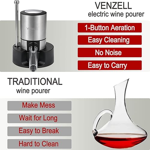 Miniatura 2 de VENZELL Aireador y vertedor eléctrico de vino, decantador de vino inteligente de un solo botón con tapón de vacío automático y dispensador