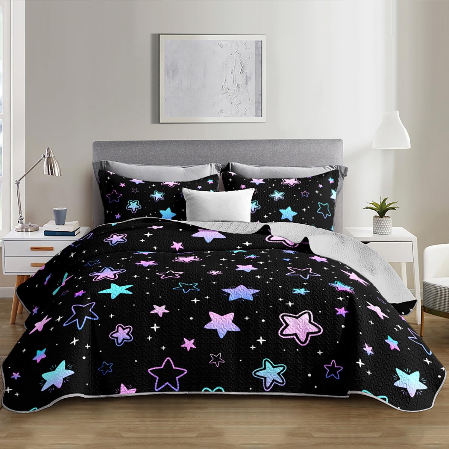 Kids Quilt Set Queen Size,Colorful Stars Pattern Quilted Quilts 3 Pcs Soft Bedspread Set for Girls Toddlers,Cute Lightweight Beddings with 2 Pillowcases for All Season.