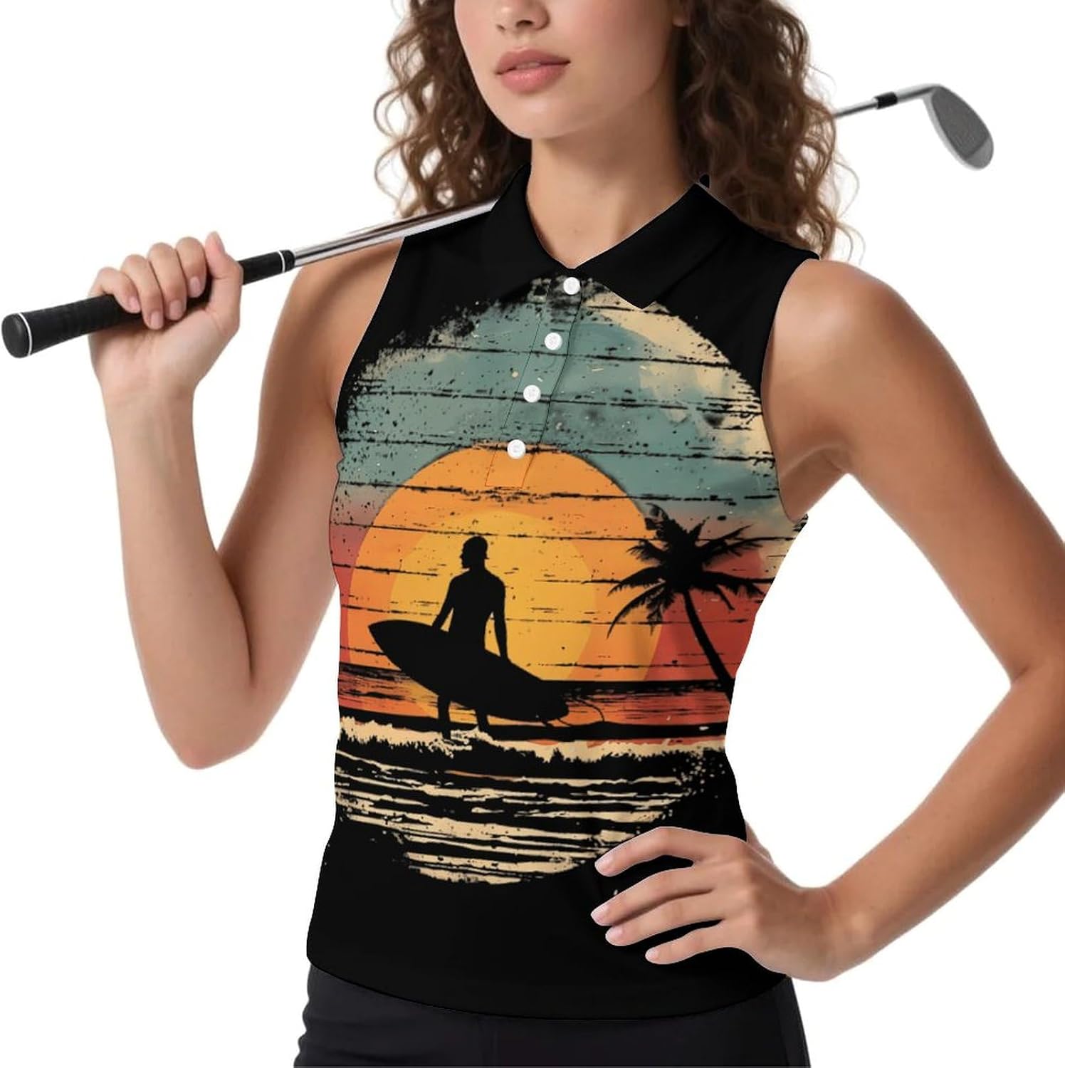 Vintage Sunset Surfing Women's Sleeveless Polo Tank Top Print T-Shirt Tops Casual Tops Summer Workout